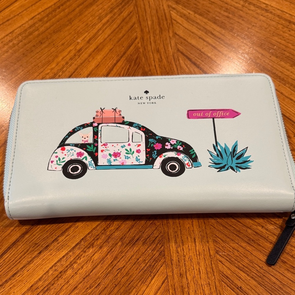 Kate Spade Light Blue Travel Wallet with Floral Car and Sign
